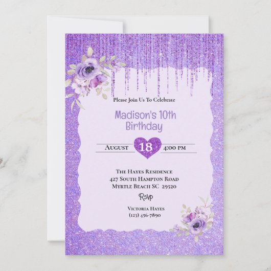 Meisjes Paarse Glitter Bloemen 10e Verjaardagsfees Kaart (Voorkant)
