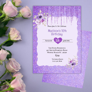 Meisjes Paarse Glitter Bloemen 10e Verjaardagsfees Kaart