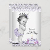 Meisjes Paarse Grijs 1e Verjaardagsfeest Kaart (Voorkant / Achterkant)