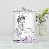 Meisjes Paarse Grijs 1e Verjaardagsfeest Kaart (Staand voorkant)