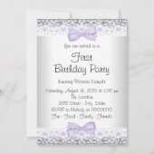 Meisjes Paarse Grijs Eerste Verjaardag Party Kaart (Achterkant)