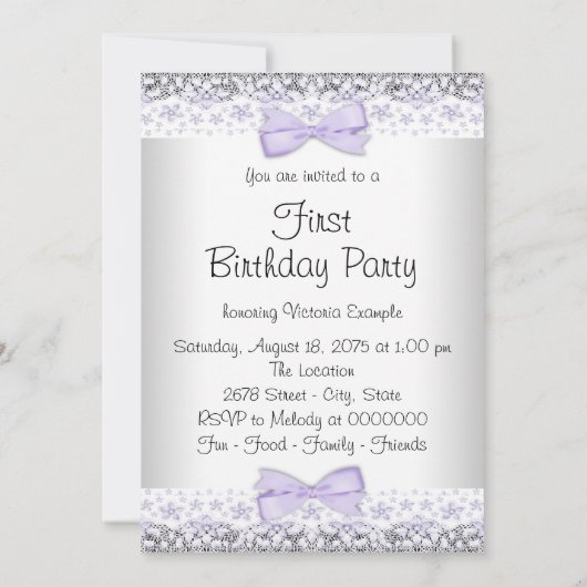 Meisjes Paarse Grijs Eerste Verjaardag Party Kaart (Achterkant)