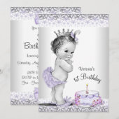 Meisjes Paarse Grijs Eerste Verjaardag Party Kaart (Voorkant / Achterkant)
