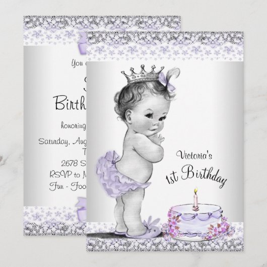 Meisjes Paarse Grijs Eerste Verjaardag Party Kaart (Voorkant / Achterkant)