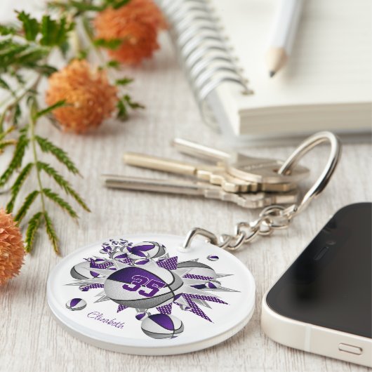 Meisjes paarse grijze basketballen sterren sleutelhanger (Voorkant Rechts)