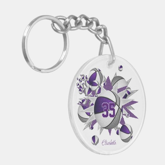 Meisjes paarse grijze basketballen sterren sleutelhanger (Voorkant Links)