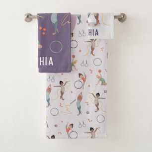 Meisjes Paarse Gymnastiek Patroon Monogram Kinder Bad Handdoek