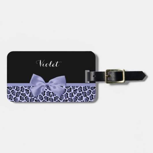 Meisjes Paarse Jaguar print lavender Bow met naam Bagagelabel (Voorkant horizontaal)