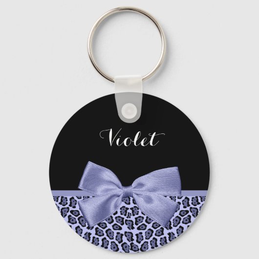 Meisjes Paarse Jaguar print lavender Bow met naam Sleutelhanger (Voorkant)