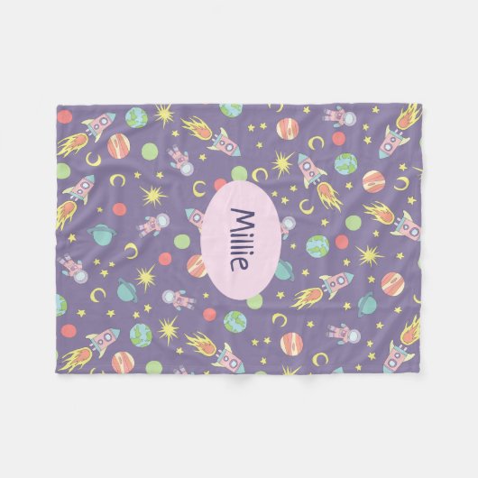 Meisjes Paarse Rocket Ship Space Pattern Fleece Deken (Voorkant (Horizontaal))
