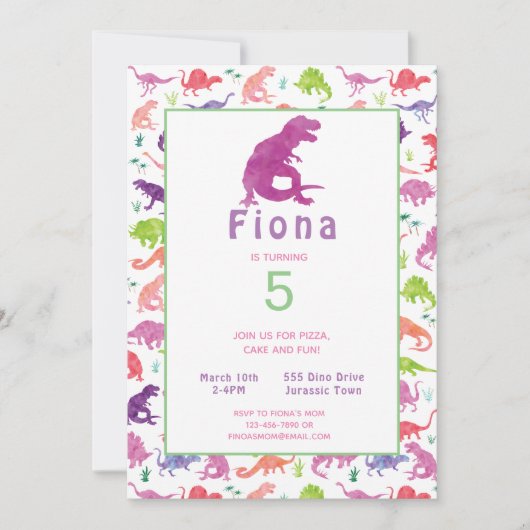Meisjes Paarse Roze Dinosaur Birthday Uitnodiging (Voorkant)