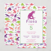 Meisjes Paarse Roze Dinosaur Birthday Uitnodiging (Voorkant / Achterkant)