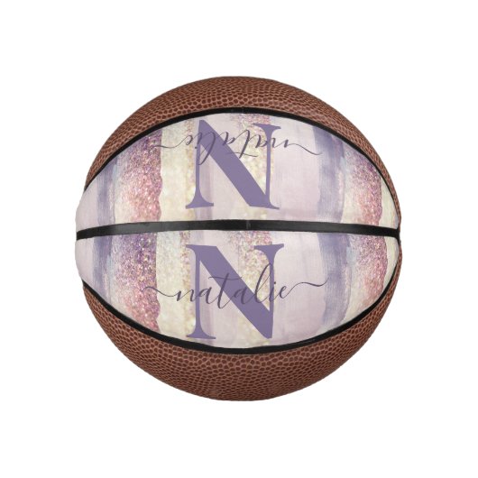 Meisjes paarse roze glitter sparkle initiaal name basketbal (Voorkant)