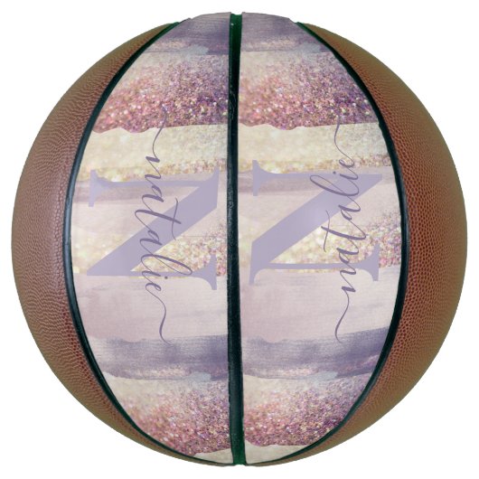 Meisjes paarse roze glitter sparkle initiaal name basketbal (Verticaal)