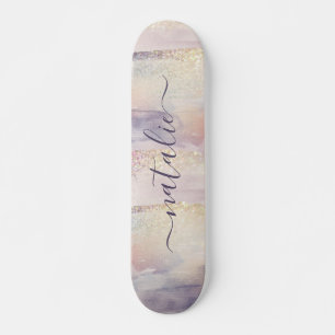 Meisjes paarse roze glitter sparkle initiaal name persoonlijk skateboard