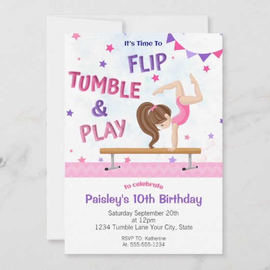 Meisjes Paarse tumbling Gymnastiek Birthday Party Kaart (Voorkant)