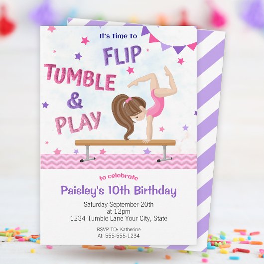 Meisjes Paarse tumbling Gymnastiek Birthday Party Kaart