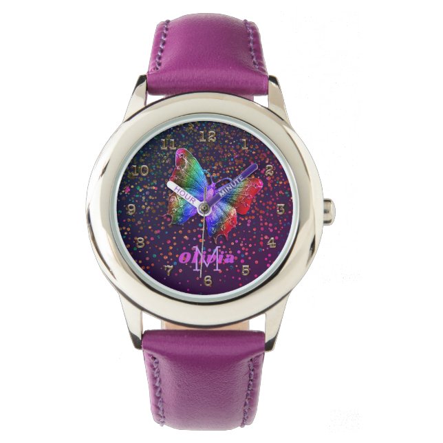 Meisjes Paarse Vlinder Glitter Gepersonaliseerde N Horloge (Voorkant)