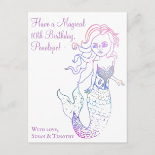 Meisjes Paarse Waterverf Mermaid Art Happy Birthda Briefkaart