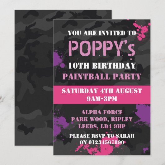 Meisjes Paintball op uitnodiging voor verjaardagsf (Voorkant / Achterkant)