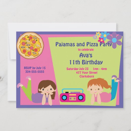 Meisjes Pajama & Pizza Party Kaart (Voorkant)
