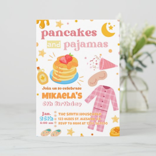 Meisjes Pannenkoeken en Pyjama Verjaardag Uitnodig Kaart (Staand voorkant)