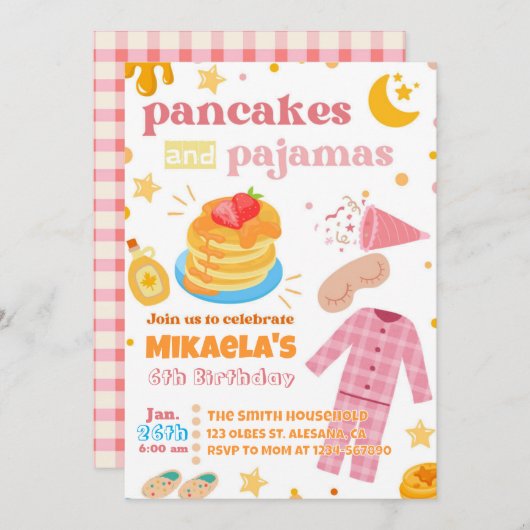 Meisjes Pannenkoeken en Pyjama Verjaardag Uitnodig Kaart (Voorkant / Achterkant)