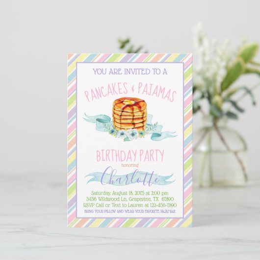 Meisjes pannenkoeken pyjama verjaardagsfeestje kaart (Staand voorkant)