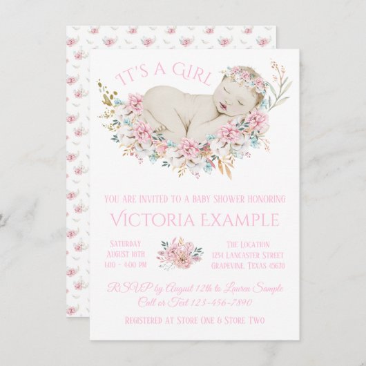 Meisjes Pastel Waterverf Bloemenkraamfeest Kaart (Voorkant / Achterkant)