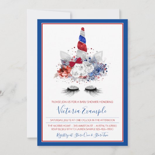 Meisjes Patriottische Eenhoorn Baby shower Kaart (Voorkant)