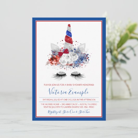 Meisjes Patriottische Eenhoorn Baby shower Kaart (Staand voorkant)