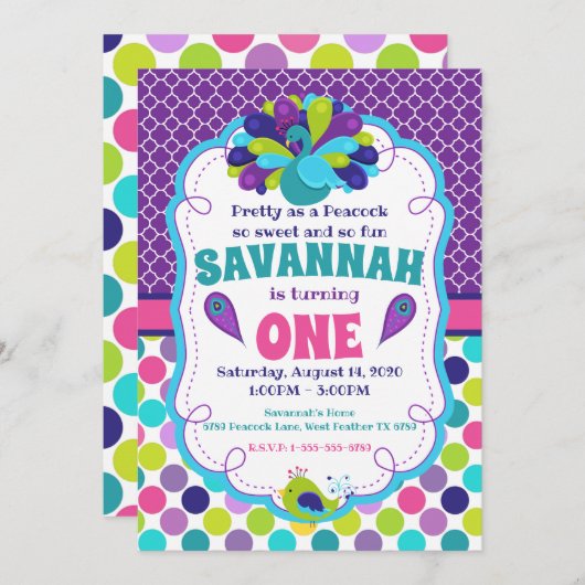 Meisjes Peacock Verjaardagsfeestuitnodiging Kaart (Voorkant / Achterkant)
