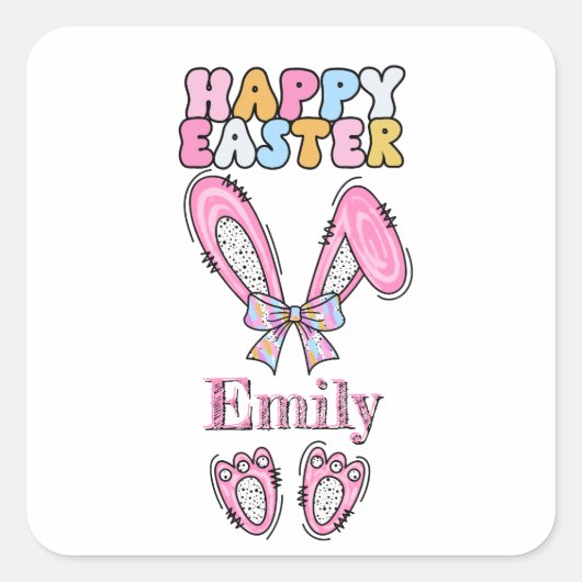 Meisjes personaliseren Happy Easter Bunny Pink Vierkante Sticker (Voorkant)