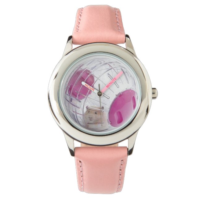 Meisje's Pet Hamster in Clear Ball Roze Hart Horlo Horloge (Voorkant)