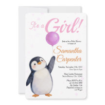 Meisjes Pinguïn Roze Ballon Waterverf Baby Shower