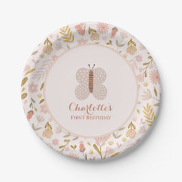 Meisjes Pink Gingham Wildflower Butterfly Papieren Bordje