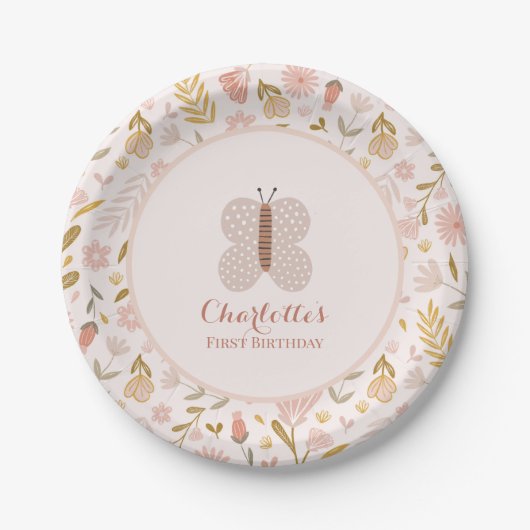 Meisjes Pink Gingham Wildflower Butterfly Papieren Bordje (Voorkant)