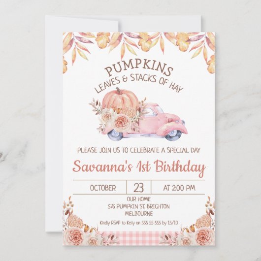 Meisjes Pompoen Vrachtwagen Herfst Foliage Bloemen Kaart (Voorkant)