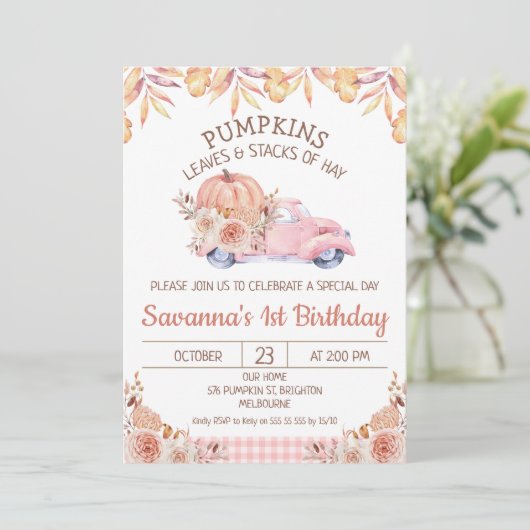 Meisjes Pompoen Vrachtwagen Herfst Foliage Bloemen Kaart (Staand voorkant)