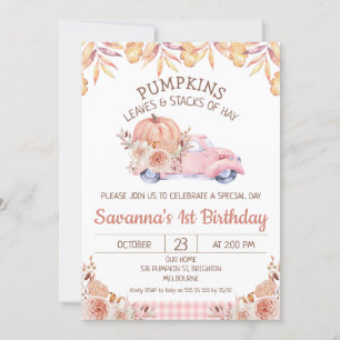 Meisjes Pompoen Vrachtwagen Herfst Foliage Bloemen Kaart