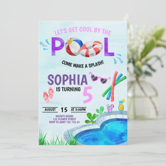 Meisjes Pool Birthday Cool bij Pool Summer Kaart (Staand voorkant)