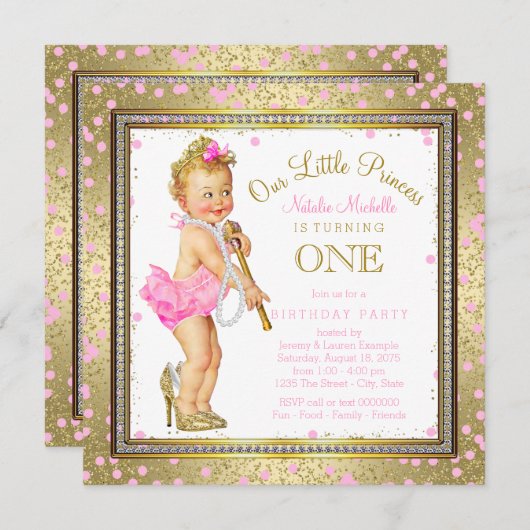 Meisjes Prinses 1e Verjaardagsfeest Roze Goud Kaart (Voorkant / Achterkant)