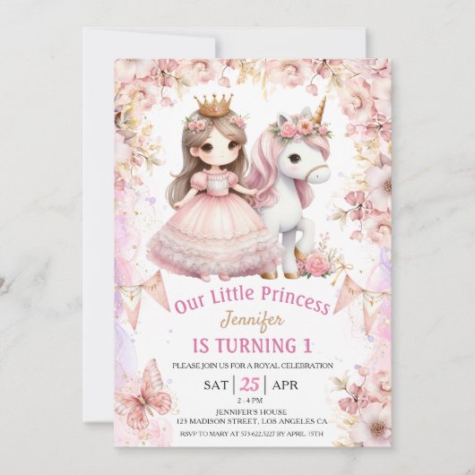 Meisjes Prinses Eenhoorn 1e Verjaardag Uitnodiging (Voorkant)