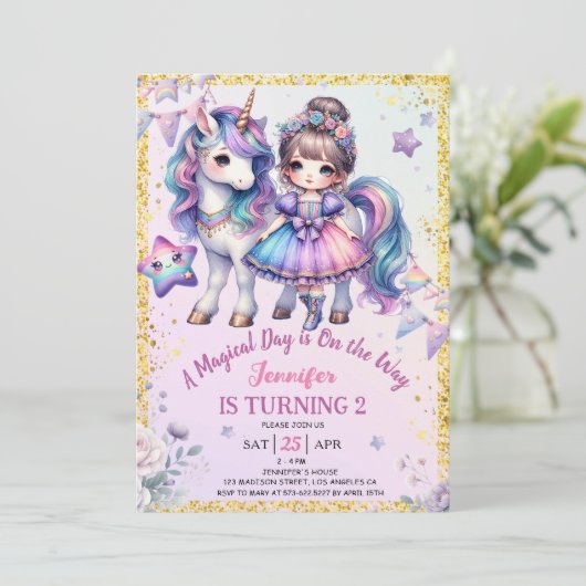 Meisjes prinses eenhoorn 2e verjaardag Paarse goud Kaart (Staand voorkant)
