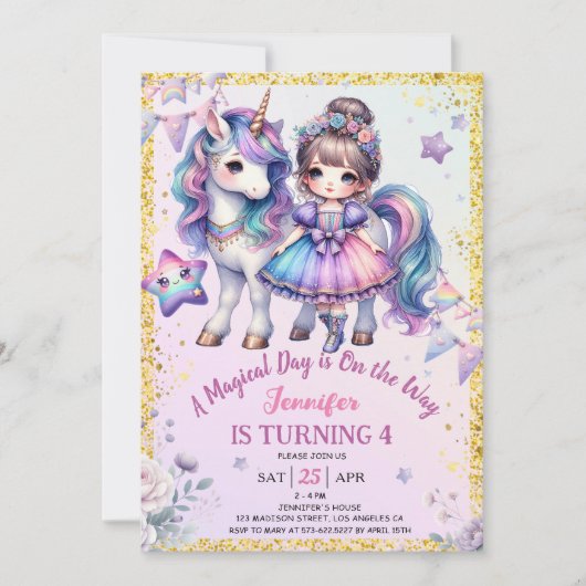 Meisjes Prinses Eenhoorn 4e verjaardag Paarse Goud Kaart (Voorkant)