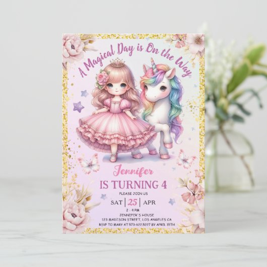 Meisjes Prinses Eenhoorn 4e verjaardag Roze Goud Kaart (Staand voorkant)