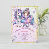 Meisjes prinses eenhoorn 8e verjaardag Paarse goud Kaart (Staand voorkant)