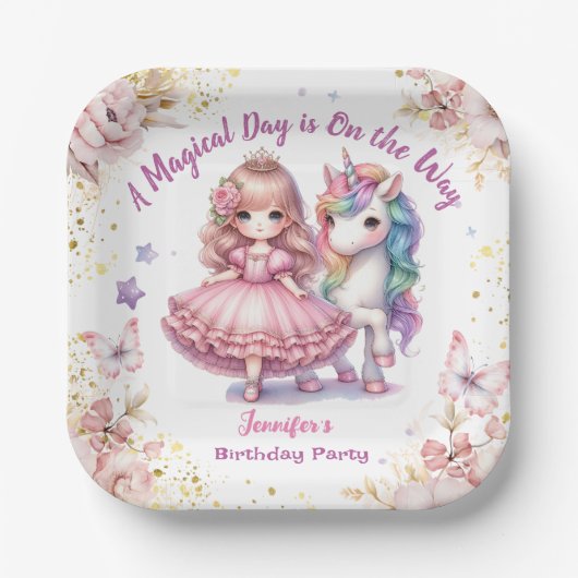 Meisjes Prinses Eenhoorn Verjaardagsfeestje Papier Papieren Bordje (Voorkant)