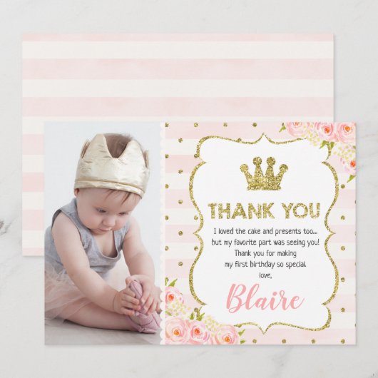 Meisjes prinses kroonprins 1 verjaardag bedankt je kaart (Voorkant / Achterkant)