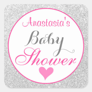 Meisjes Prinses Pink en Silver Glitter Baby shower Vierkante Sticker